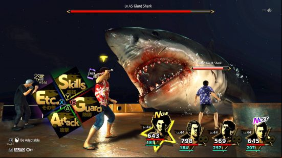 Best RPG games: four humans are fighting a giant shark near the ocean in Like A Dragon: Infinite Wealth.