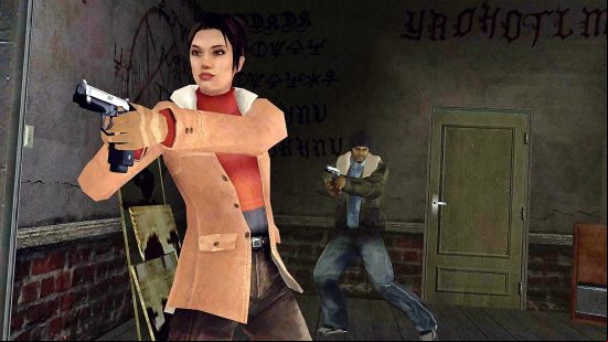 Best sex games: a woman and a man brandishing pistols in a room full of satanic graffiti.