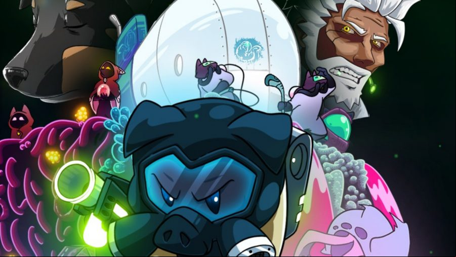 BioGun - A pig-like creature in a hazard mask, backed by a white-haired scientist and a sleeping dog.