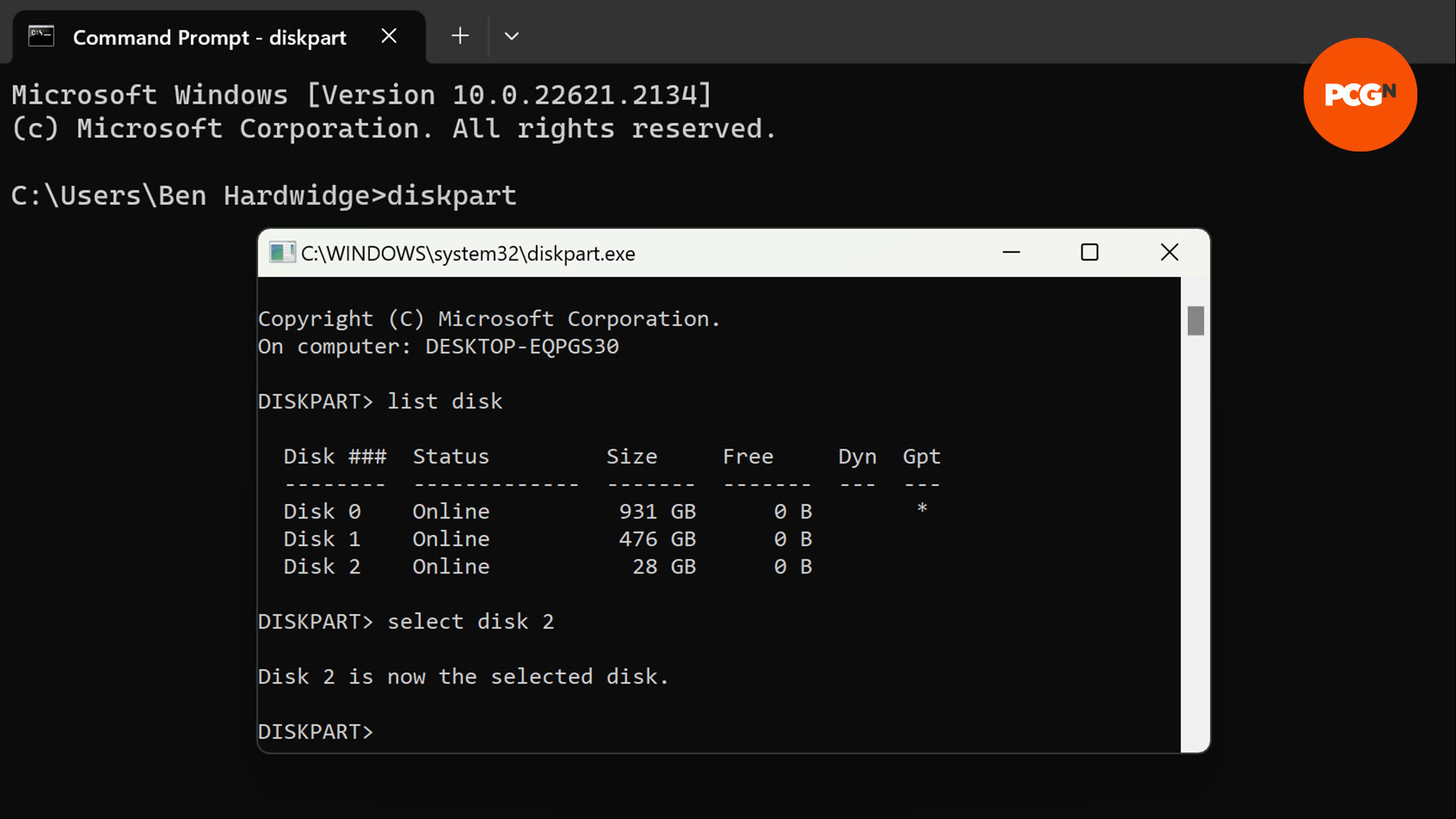 A  selects disk 2 in diskpart via command prompt