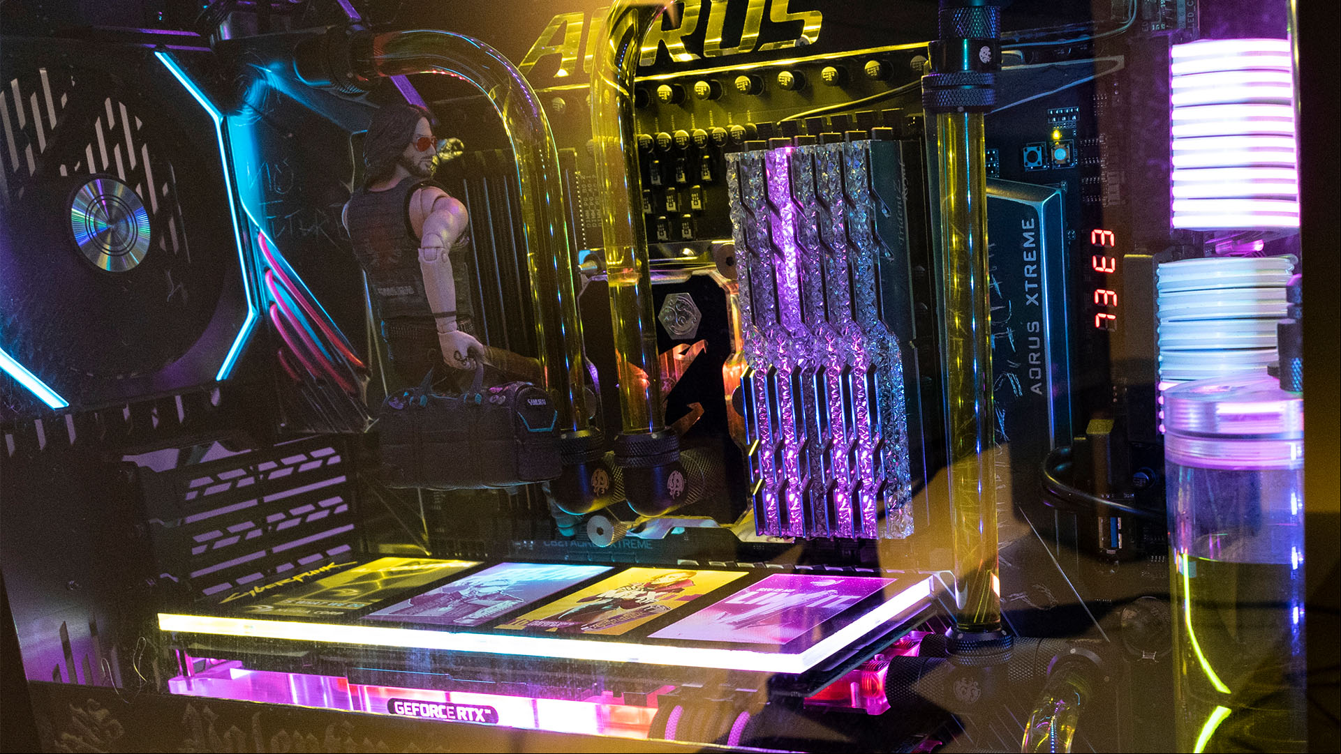 Inside a Cyberpunk 2077 PC build which features a Silverhand model, neon RAM, and a custom GPU backplate