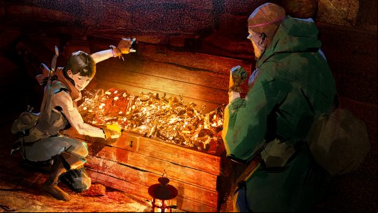 Dark and Darker hotfix 27 update - Two adventurers look through a wooden chest filled with gleaming trinkets.