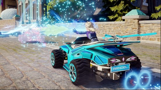 Elsa throws a powerful snow spell at another driver in Disney Speedstorm, one of the best free Steam games.