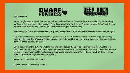 A graphic with a message from the devs at Dwarf Fortress, shared on Twitter