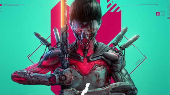 A ninja woman with black hair tied in a ponytail clutches a glowing katana to her right, with metallic implants covering hr body, a mask covering her face