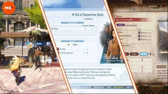 A three-way infographic showing how to get and clear the Cobra quest needed to get the Gold Key in Granblue Fantasy Relink.