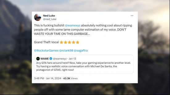 GTA 5 AI Michael: a tweet from Ned Luke about WAME using AI of his voice