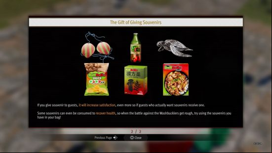 An in-game explainer, showing how giving souvenirs in Infinite Wealth Dondoko Island increases satisfaction.