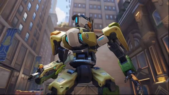 Overwatch 2 tier list: Bastion is a robot with a baseball cap standing in the middle of the city.