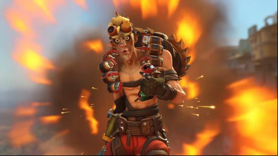 Overwatch 2 tier list: Junkrat is reacting to the explosion behind him with blissful ignorance.