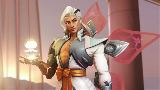 Overwatch 2 tier list: Lifeweaver is wearing a set of robes with LED petals out of the back. He's holding an orb of light.