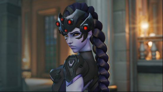 Overwatch 2 tier list: Widowmaker is glancing over her shoulder. She is wearing a head visor on her forehead.