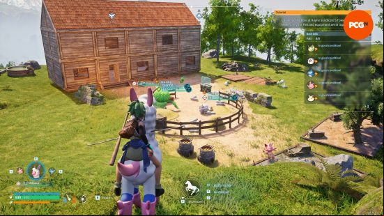 Palworld review: The Pal Tamer sits astride a mount overlooking the rudimentary base, including a large wooden shack and a pastoral ranch.