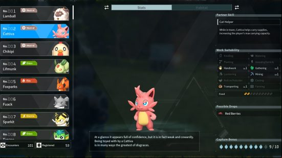 All Palworld pals: a data screen showing the pal Cattiva