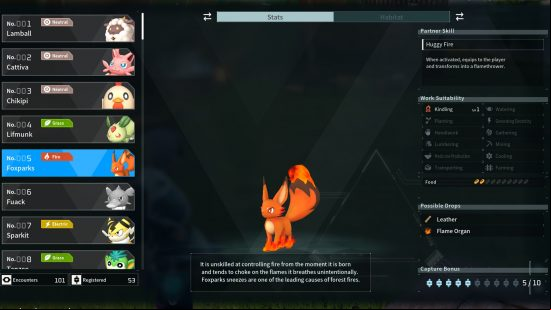 All Palworld pals: a data screen showing the pal Foxparks.