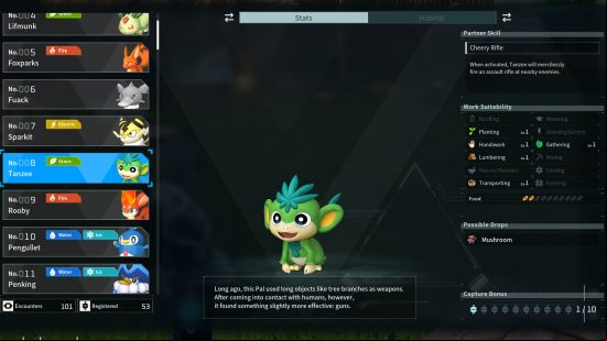 All Palworld pals: a data screen showing the pal Tanzee