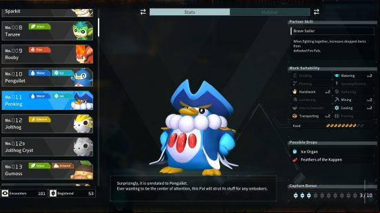 All Palworld pals: a data screen showing the pal Penking.