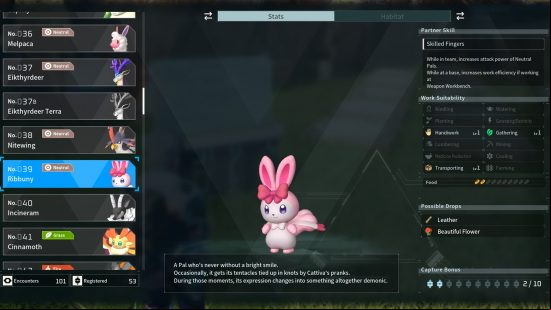 Palworld Paldeck, all pals: a data screen showing the pal Ribunny.