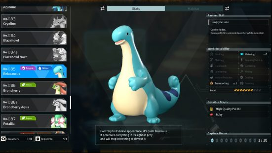 Palworld Paldeck, all pals: a data screen showing the pal Relaxaurus.