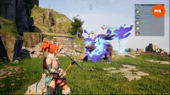 The player is standing next to their Blazehowl Noct, a result of Palworld breeding combos.