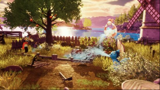 A player and two of their Pals are watering plants and trees to make food for vegan-friendly Palworld cooking.