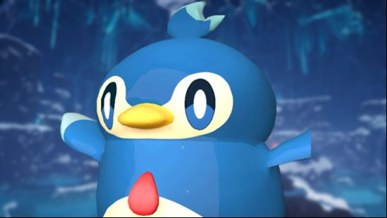 Pengullet, one of the best Palworld Cooling Pals, stretches out its flippers against a backdrop of the Crystal Ice Cave.