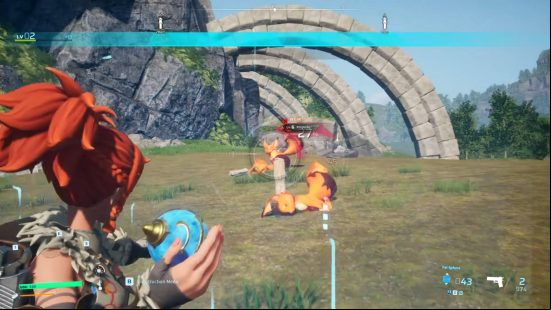 Palworld fighting: the main character is about to throw a Pal Sphere to try and catch a Foxparks. It currently has a 27% chance to work.