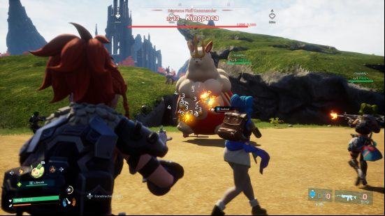 Is Palworld free?: a groupd of humans fight a large monster with machine guns.