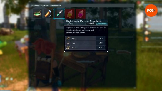 How to heal Pals: The recipe for high-grade medical supplies in a medicine workbench in Palworld.