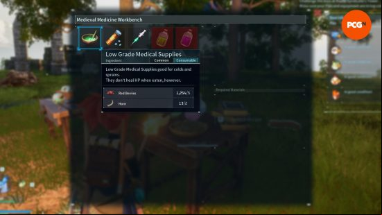 How to heal Pals: The recipe for low-grade medical supplies in a medicine workbench in Palworld.