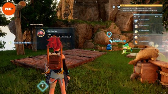 A player harvests Palworld ingredients, red berries, from their farm.