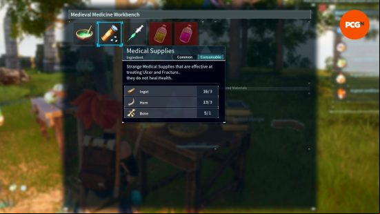 How to heal Pals: The recipe for medical supplies in a medicine workbench in Palworld.