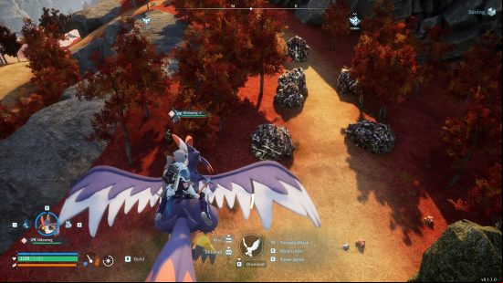Palworld ore farm: a person riding on the back of a giant bird.