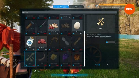 A merchant, listing many Palworld resources for sale.