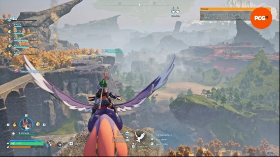 Palworld review: The Pal Tamer soars over the Palpagos Island's open world, characterized by dense forest and rock outcroppings.
