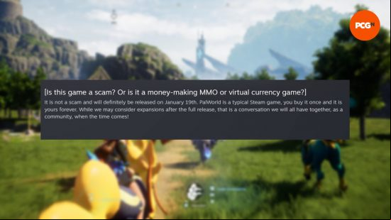 Palworld isn't the next The Day Before, devs promise: A screengrab of the Palworld FAQ answering a question about the game being a scam