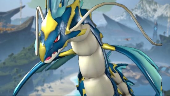 Best Palworld Watering Pals: Jormuntide as it appears in the Paldeck, placed against a backdrop of Palpagon Island.