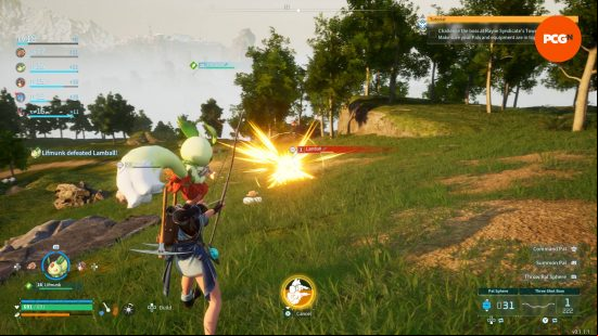 The trainer is using their Pal as a submachine gun mount which is one of the best partner abilities for Palworld weapons.