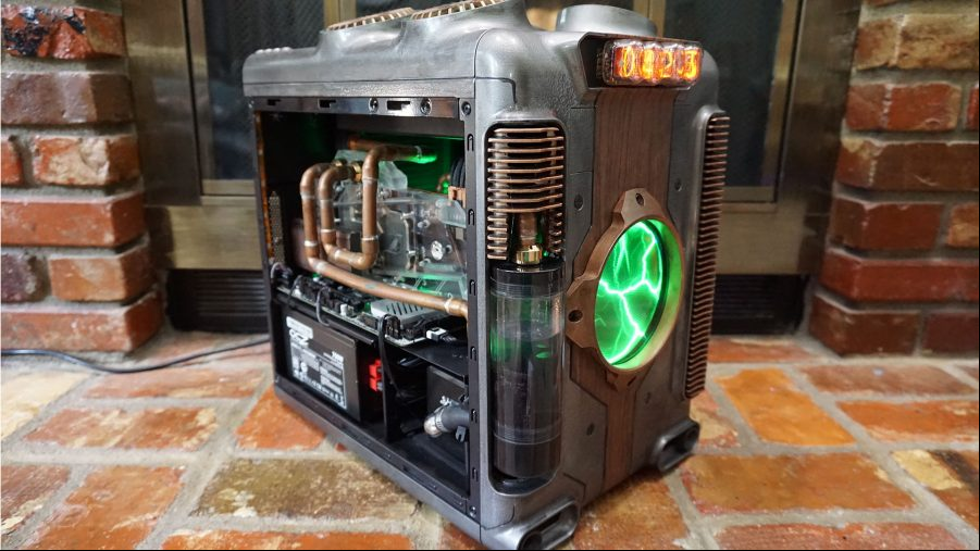 pc build news: a steampunk custom pc on a brick floor