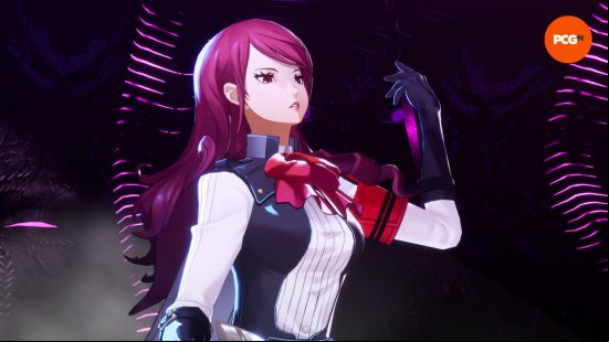 Persona 3 Reload review: Mitsuru is looking down at an off-screen enemy and is about to click her fingers in a snobbish way.