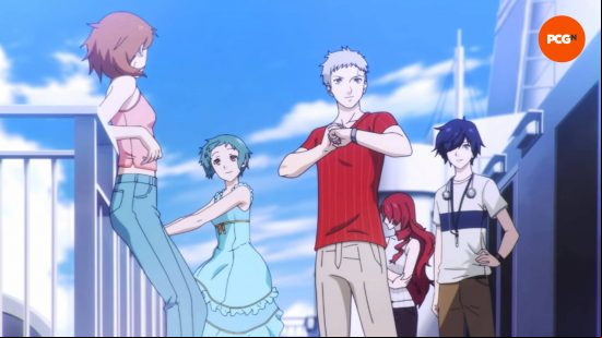 Persona 3 Reload review: Several  of SEES standing on the deck of a ship. They're all dressed in casual summer clothing.