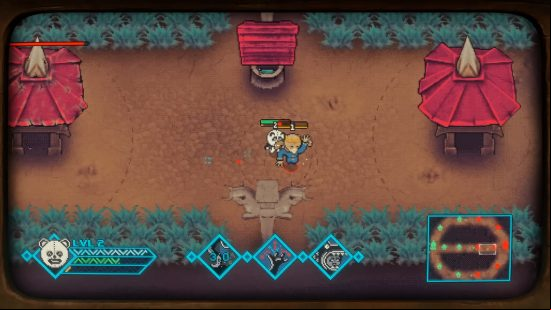 Pony Island 2 Panda Circus release date estimate: One of the arcade machines depicting a MOBA style top-down minigame in which a panda dukes it out with their foe in the middle lane.