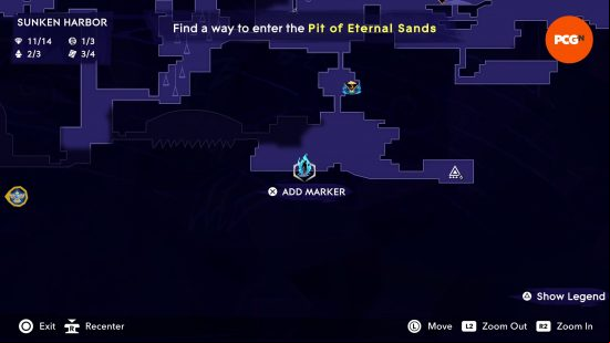 The map of Mount Qaf depicting the position of the Prince of Persia The Lost Crown Moon Gatherer in the Sunken Harbor.