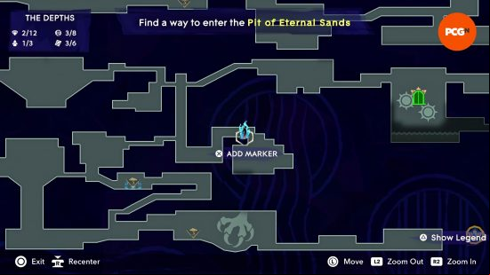 The map of Mount Qaf depicting the position of the Prince of Persia The Lost Crown Moon Gatherer in The Depths.