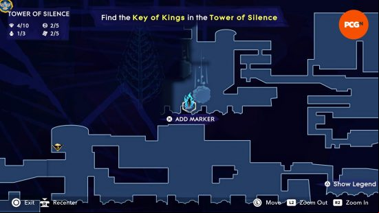 The map of Mount Qaf depicting the position of the Prince of Persia The Lost Crown Moon Gatherer in the Tower of Silence.