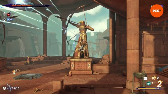 The Prince of Persia The Lost Crown Mystery Chest in the Lower City with the puzzle solution revealed.