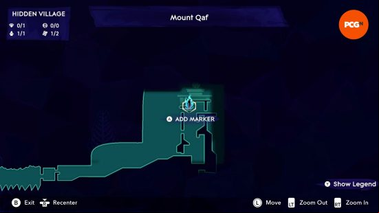 The map of Mount Qaf depicting the position of the Prince of Persia Spirited Sand Jar in the Hidden Village.