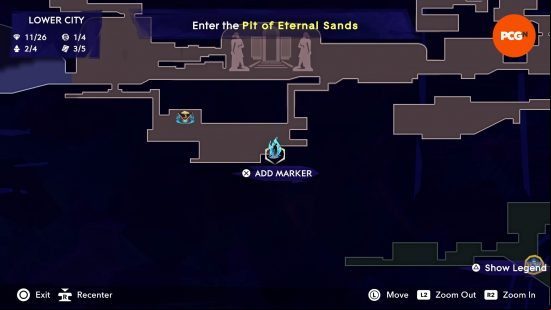The map of Mount Qaf depicting the position of the Prince of Persia Spirited Sand Jar in the Lower City.