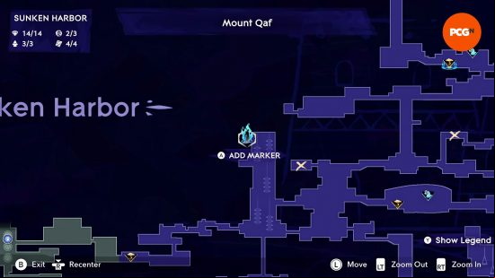 The map of Mount Qaf depicting the position of the Prince of Persia Spirited Sand Jar in the Sunken Harbor.