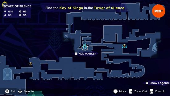 The map of Mount Qaf depicting the position of the Prince of Persia Spirited Sand Jar in the Tower of Silence.